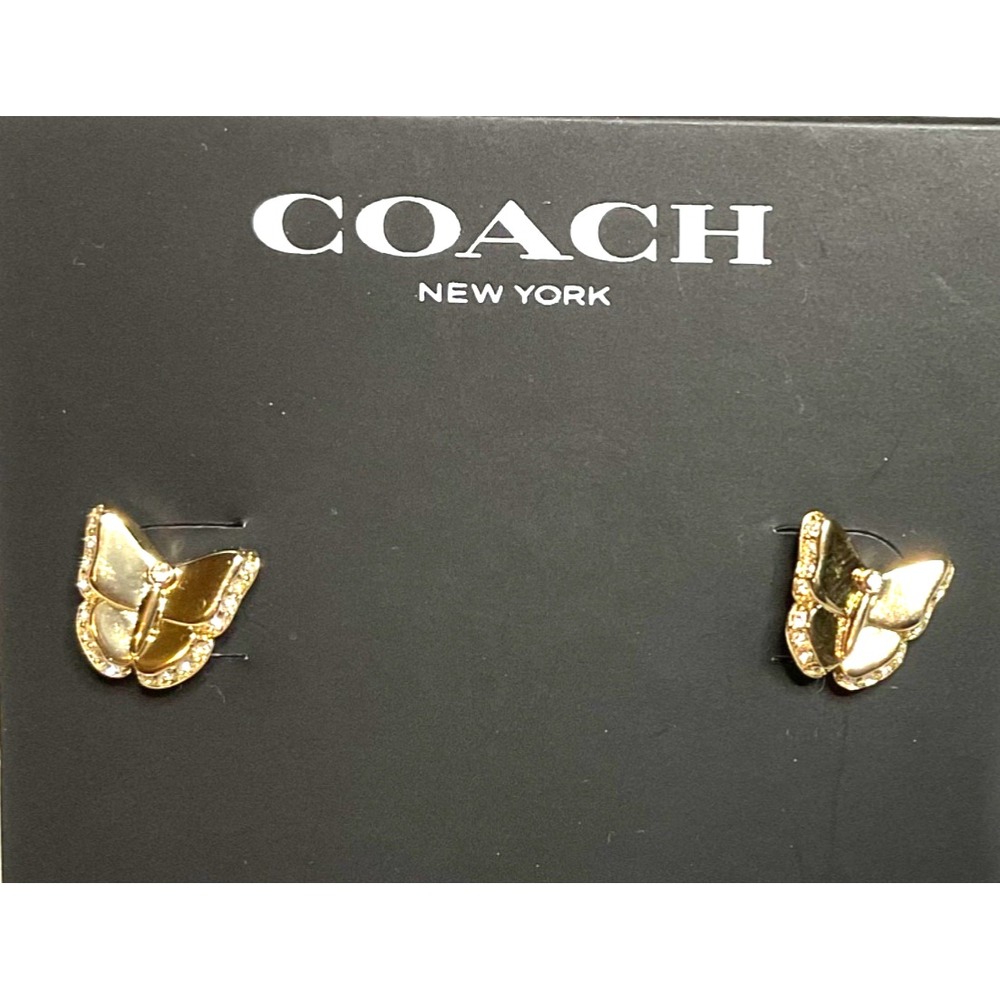 NWT Coach STUD BUTTERFLY EARRINGS Gold Tone FLYING WINGS W/CRYSTALS